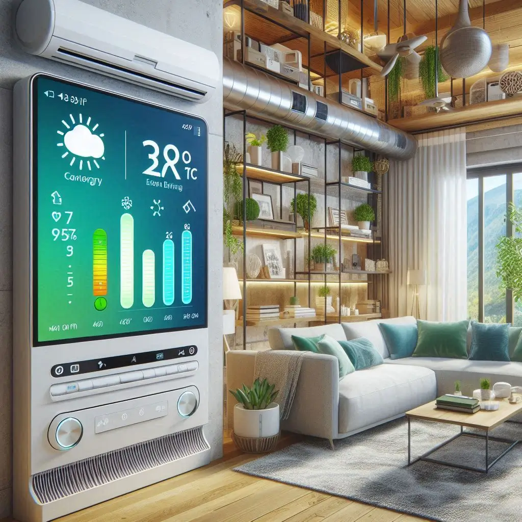 "An energy-efficient HVAC system with a digital display showing energy-saving modes and temperature adjustments to optimize home energy use."