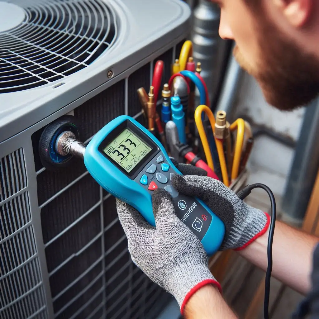 A close-up of an HVAC technician using a leak detector to check refrigerant levels on a central air conditioning unit.