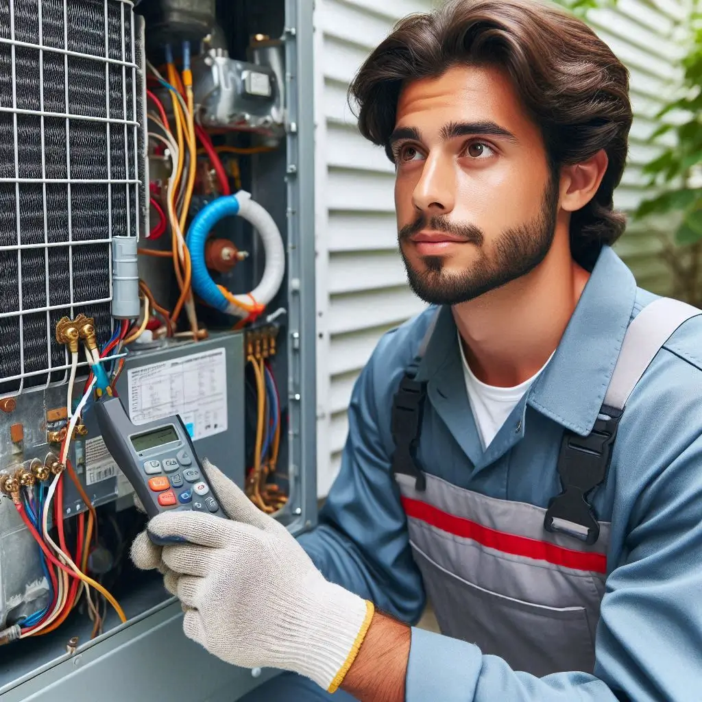 Generate an image of an HVAC technician performing maintenance on an air conditioner unit, focusing on inspection, cleaning, and tuning of the system.