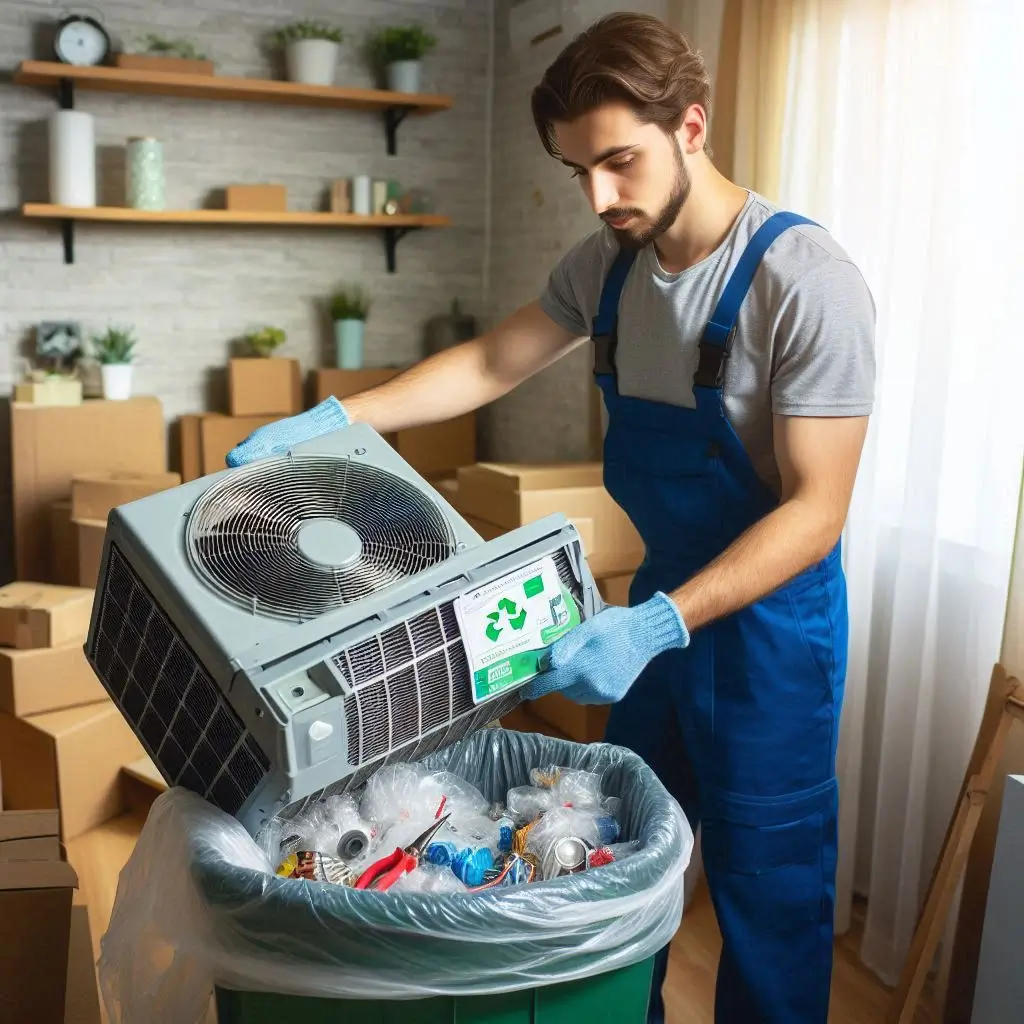 "A technician removing an old AC unit from a home and preparing it for recycling, with a focus on the environmental responsibility aspect."