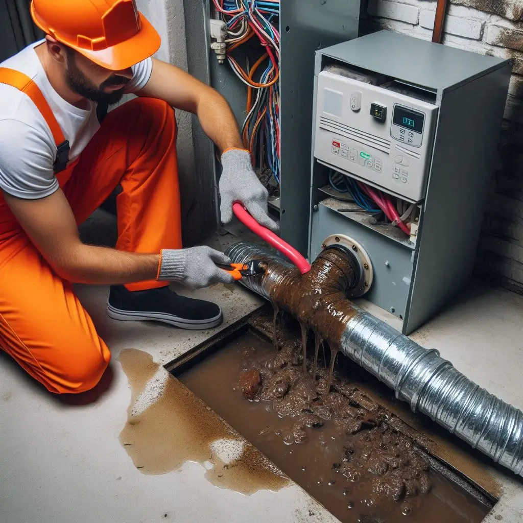 "Close-up of a clogged condensate drain causing water leakage around an HVAC system, with an HVAC technician preparing to clear the blockage."