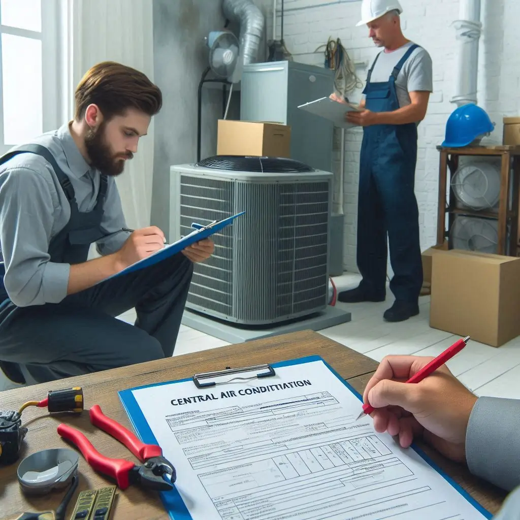 An image showing an HVAC technician working with local authorities to ensure permits and inspections are in place for the central air conditioner installation.