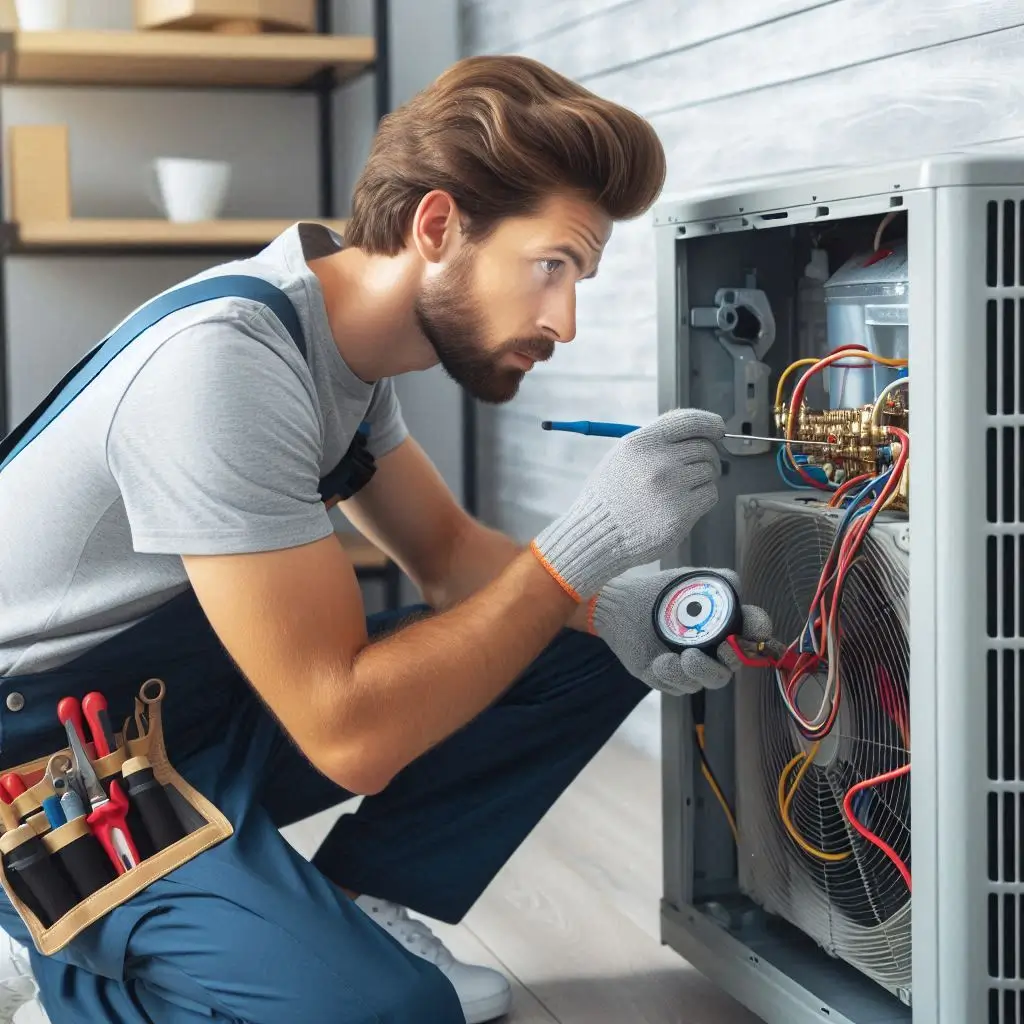 A professional HVAC technician inspecting an air conditioning unit with tools, checking refrigerant levels, and examining the wiring connections.