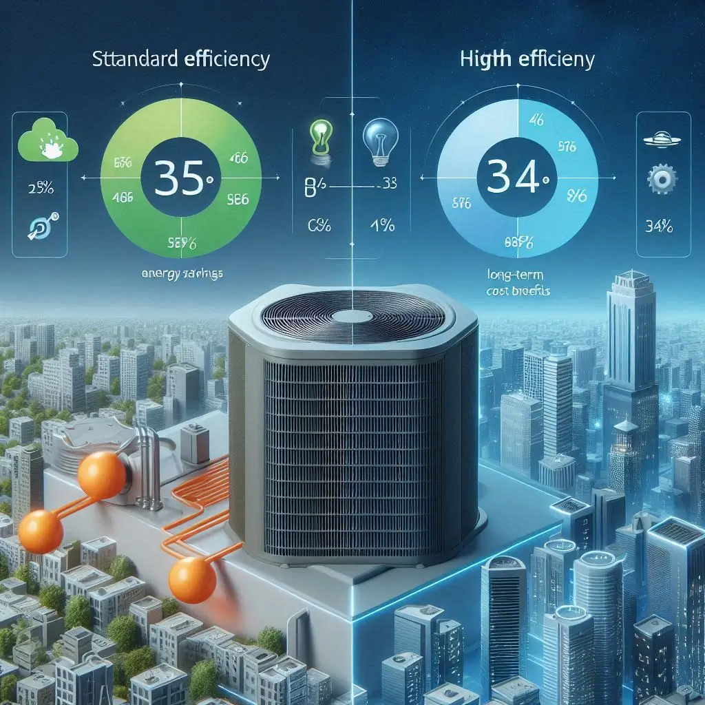 Image comparing two HVAC systems—one labeled “Standard Efficiency” and the other “High Efficiency,” with energy savings and long-term cost benefits highlighted.