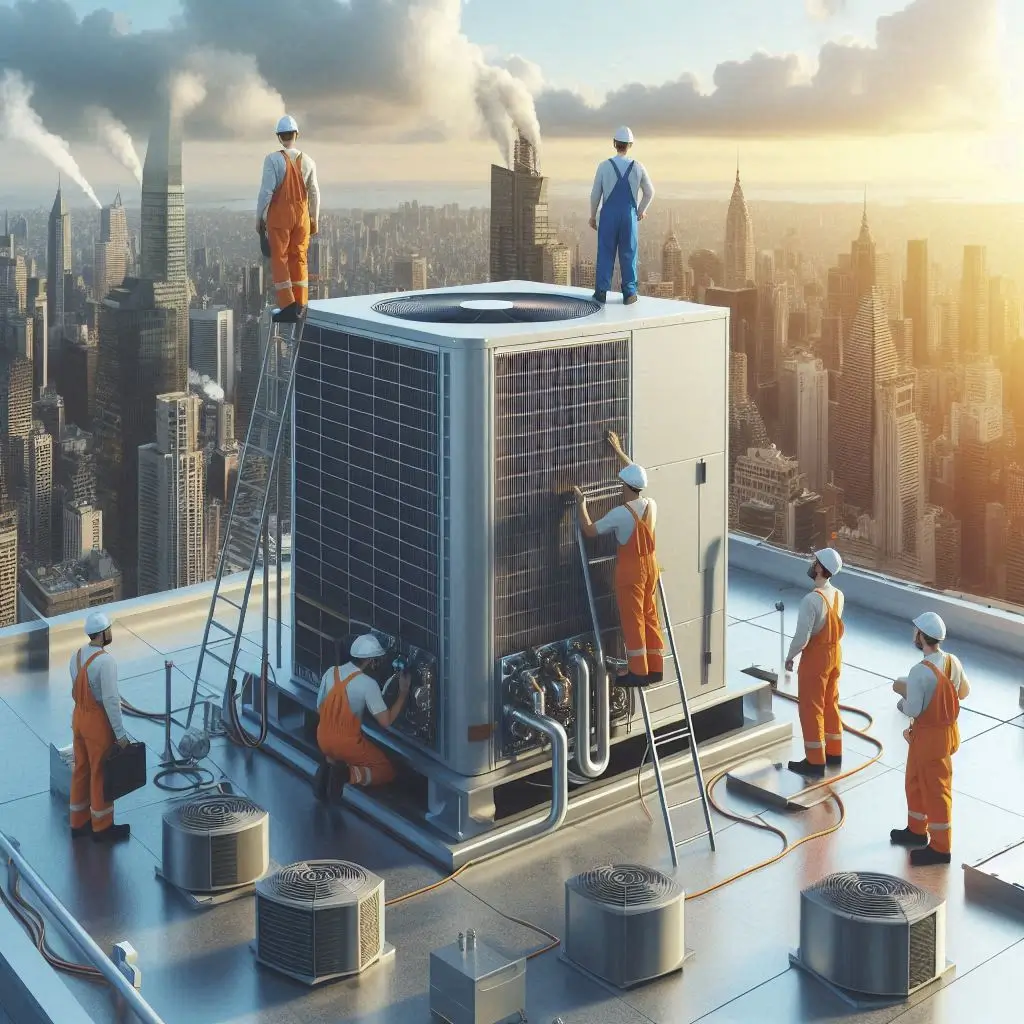 "A team of HVAC technicians installing a large commercial air conditioning unit on a rooftop, demonstrating the scale of the HVAC system needed for a business."