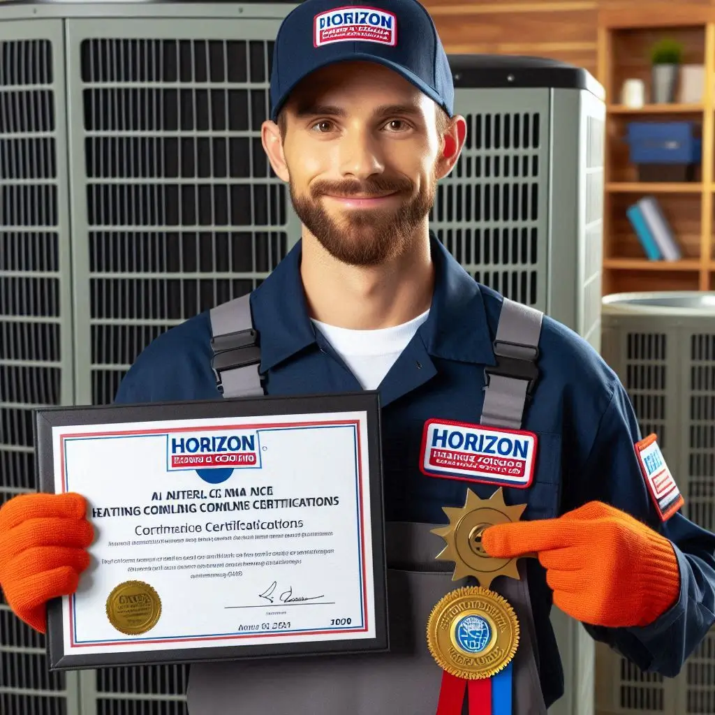 "A Horizon Heating and Cooling technician proudly displaying their NATE and HVAC Excellence certifications, showcasing their professional expertise and qualifications."