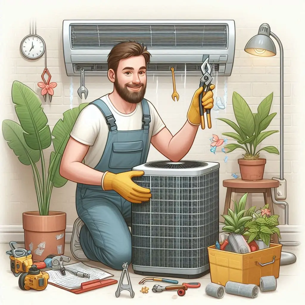 "An HVAC technician performing routine maintenance on an air conditioner, such as cleaning the coils and changing the filters."