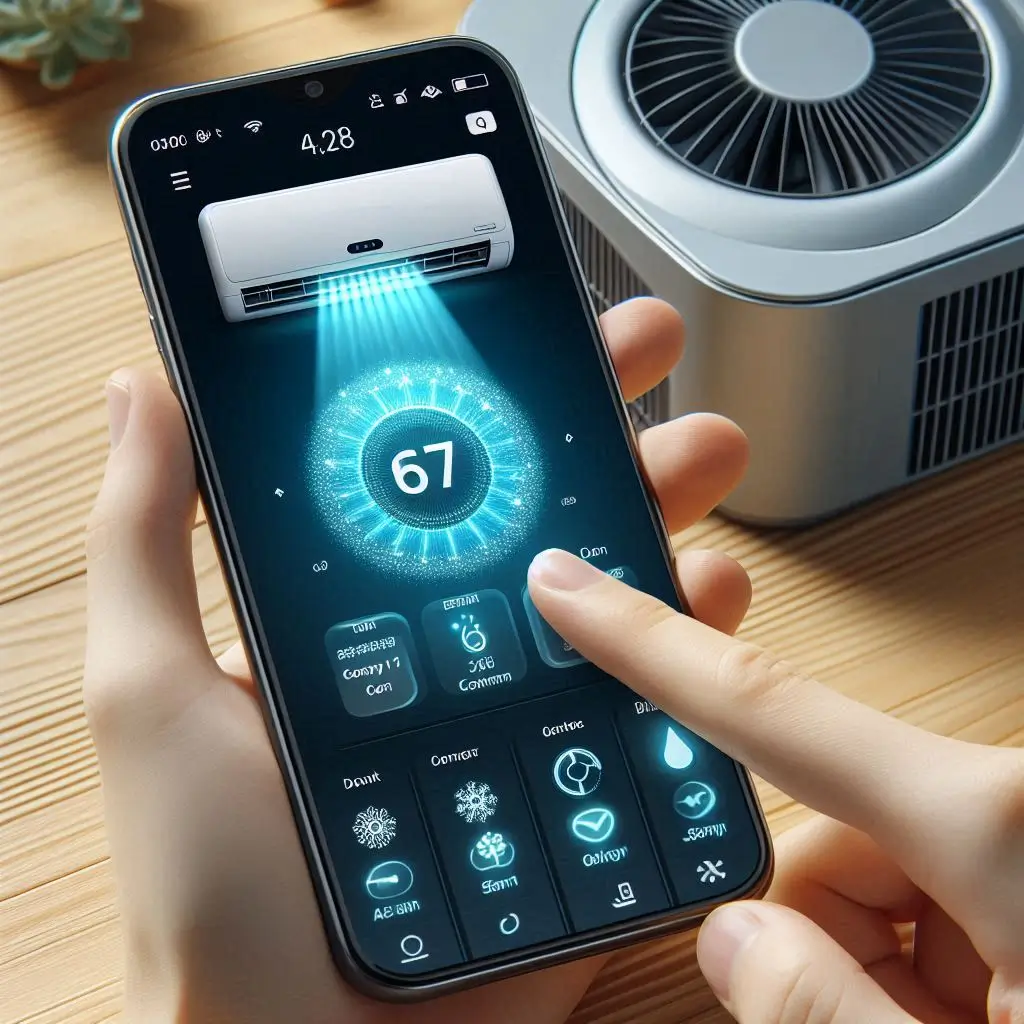 "Close-up of an ARS air conditioner displaying its energy efficiency and smart control features on a smartphone screen."
