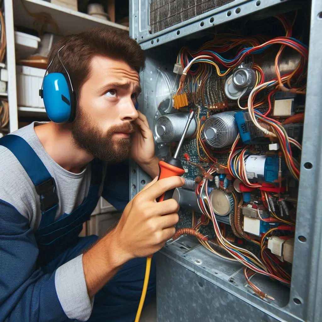 An HVAC technician examining the internal components of an AC unit, listening for unusual noises with specialized tools.