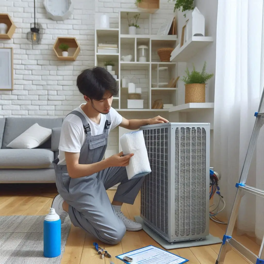 "A technician performing HVAC maintenance, cleaning air filters, and checking the system for optimal performance in a home."