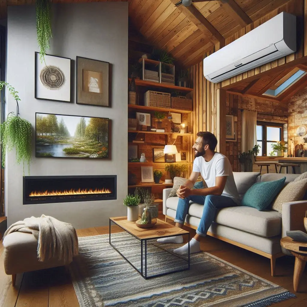 "An energy-efficient air conditioning unit or heating system installed in a home, with a focus on the eco-friendly features and advanced technology."