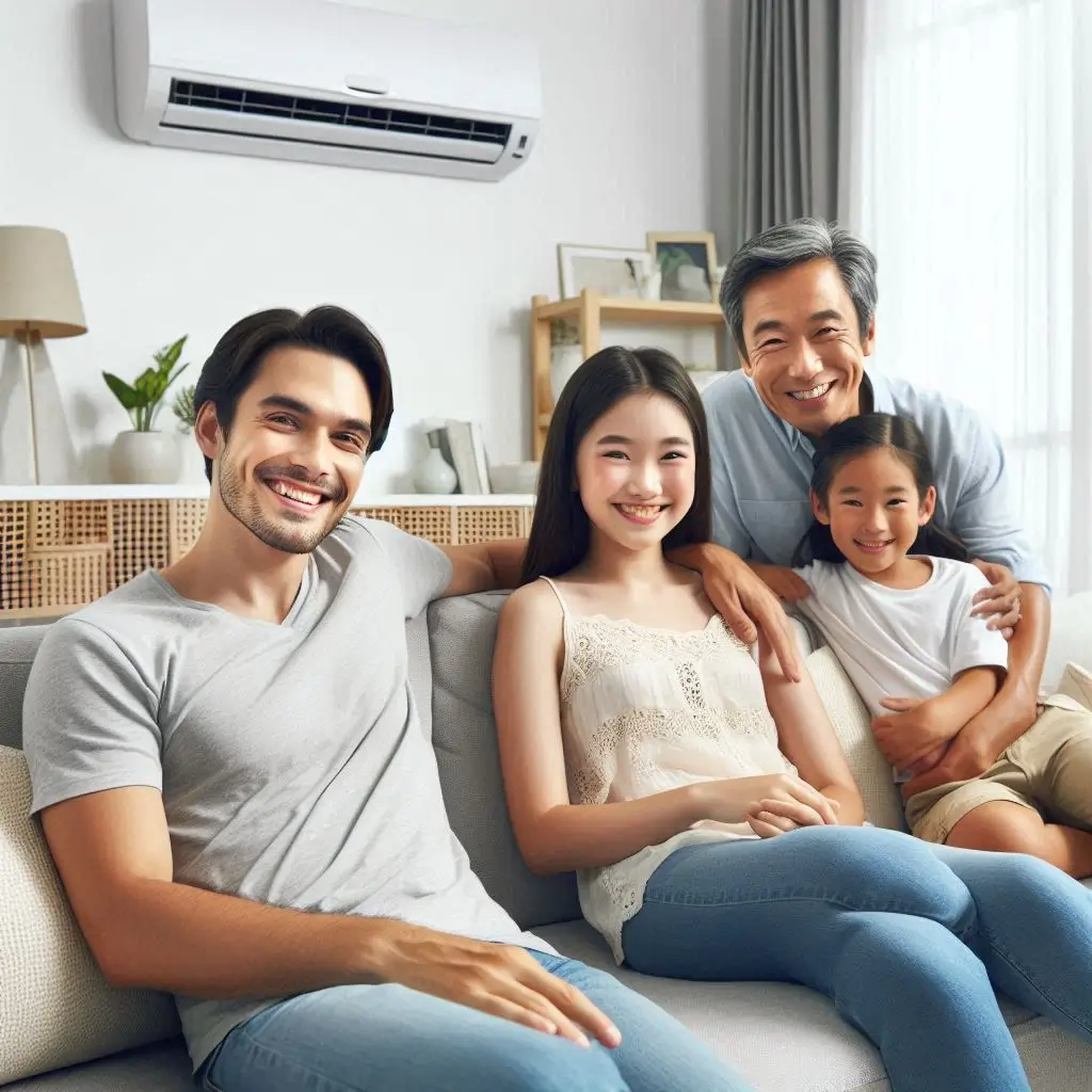 A happy family relaxing in a well-cooled living room with a newly installed modern air conditioner mounted on the wall.