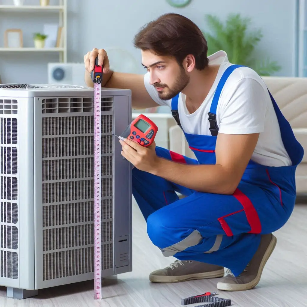 "A professional HVAC technician correctly sizing an AC unit for a home, measuring room dimensions and airflow."