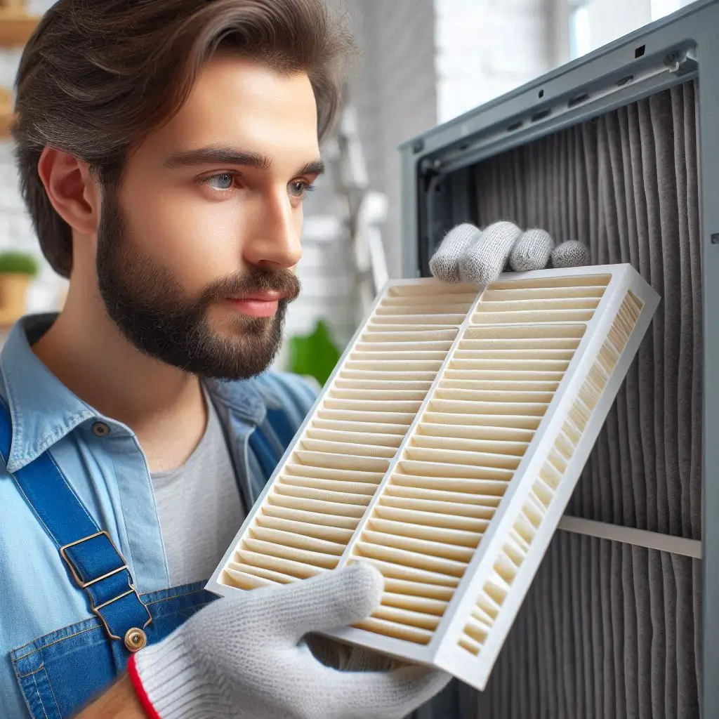 A close-up of a homeowner replacing a dirty AC air filter with a clean one, showing improved airflow.
