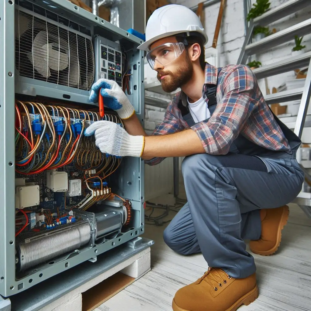 "An HVAC technician performing maintenance on a central air conditioning system, including cleaning and inspecting components."