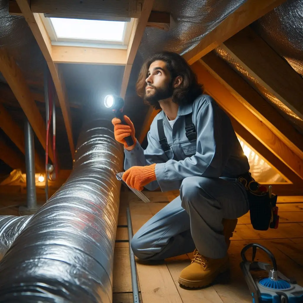 An HVAC technician inspecting air ducts in an attic, using a flashlight and measuring tool to check for leaks.