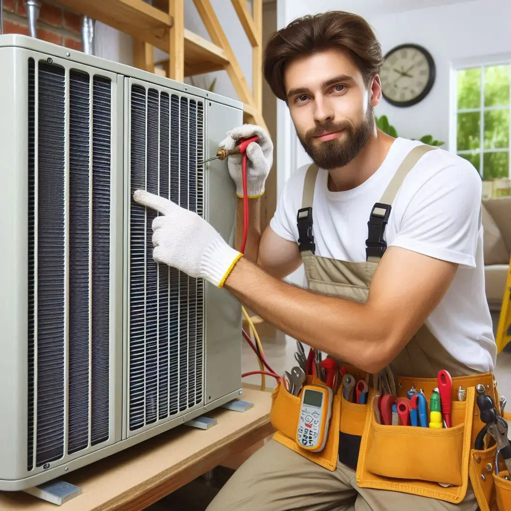 "An air conditioning technician installing a central AC system in a suburban home in Spring Hill, FL, with a focus on the installation process and tools."