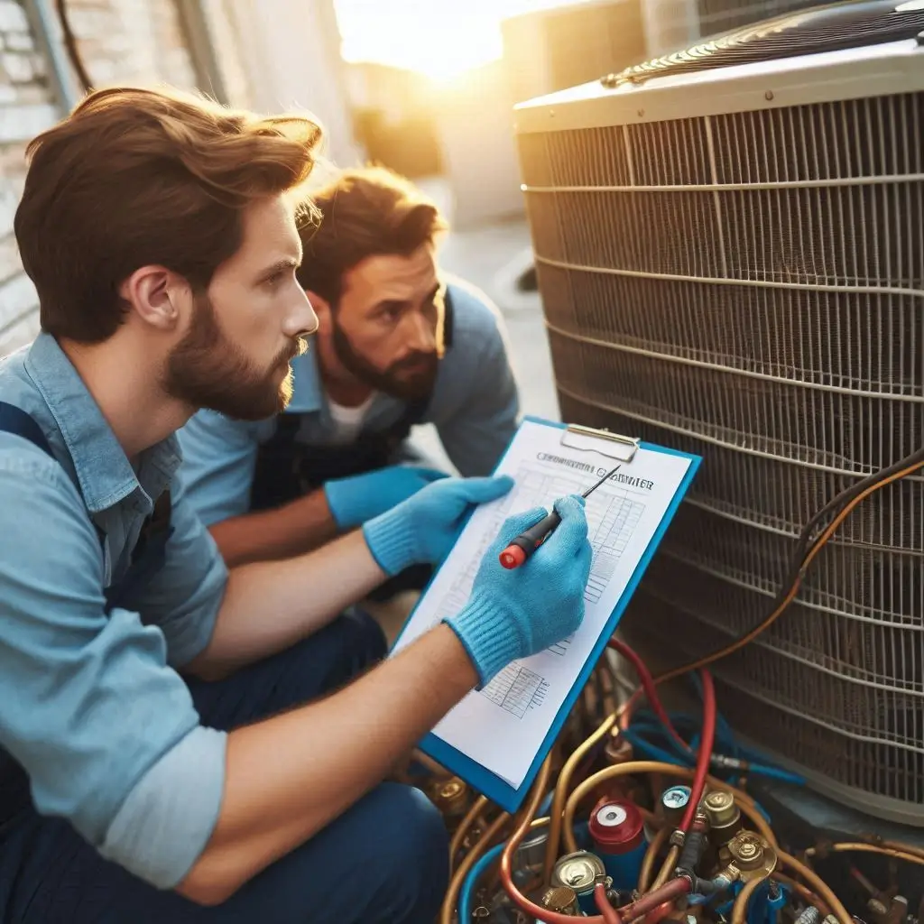 A professional inspecting an outdoor central AC condenser, checking refrigerant levels and cleaning debris from the unit.