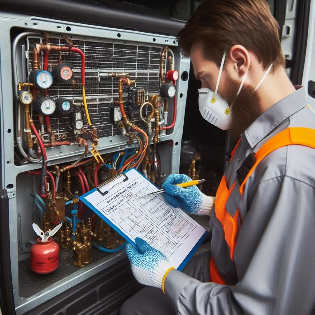 "A technician performing a detailed inspection of an air conditioning unit before and after shifting, checking for any issues like leaks, refrigerant levels, and wear and tear."