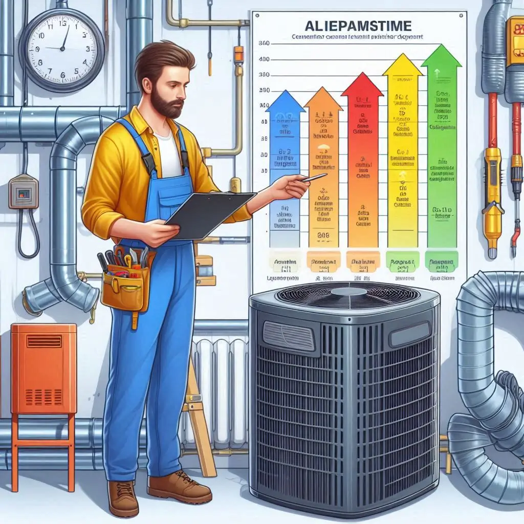 Image of a technician inspecting an HVAC unit with a lifespan chart showing different system types (AC, Heater, and Ducts).