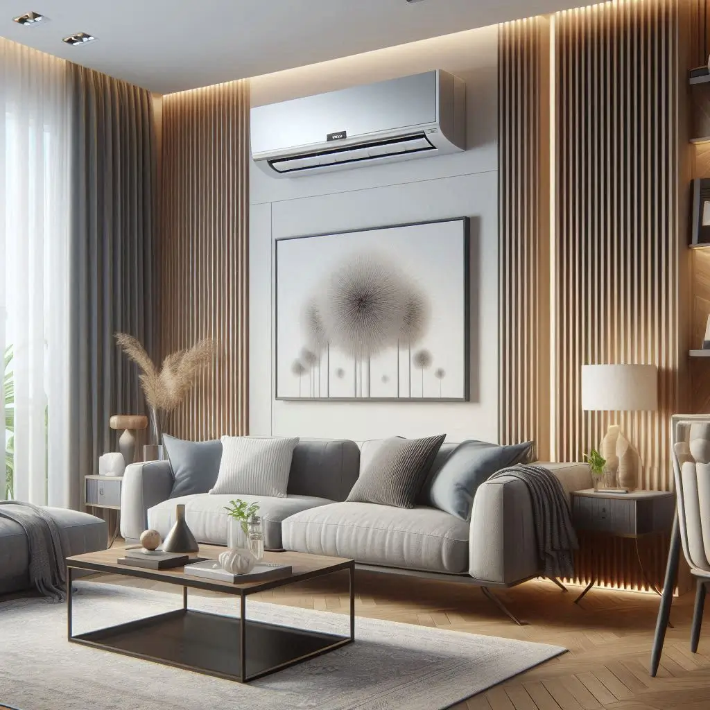 A modern, sleek air conditioning unit installed in a well-designed living room, with cool air flowing smoothly.
