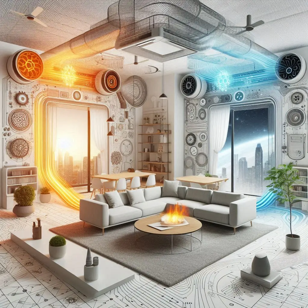 A modern home with a functional heating and cooling system, showing warm and cool airflow being distributed evenly through vents.]
