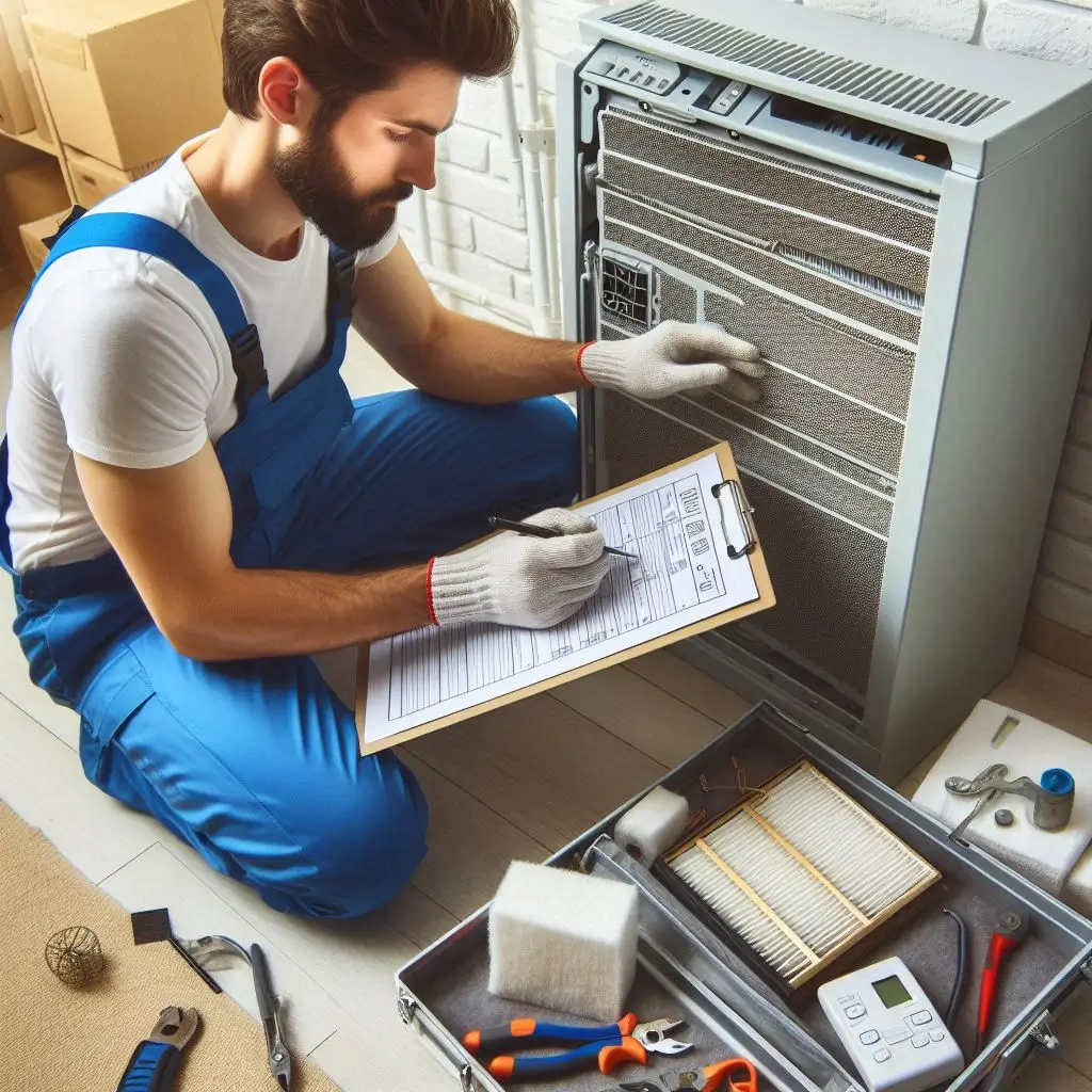 A technician performing an HVAC system check-up with tools, inspecting air filters and thermostat settings.