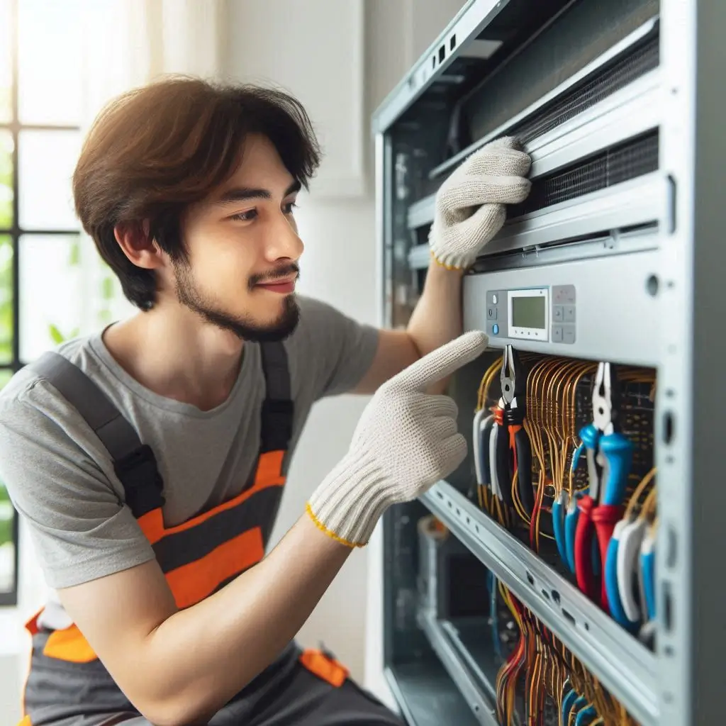 "A technician inspecting an HVAC system to ensure it's working properly during a maintenance check"