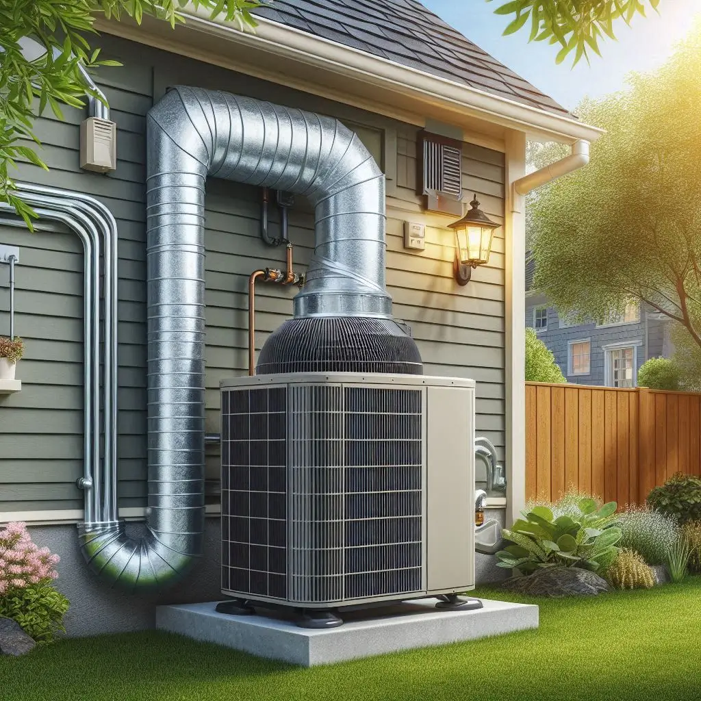"An image of a central air conditioning unit installed on the side of a home, with visible ducts and vents for distributing cool air throughout the house."