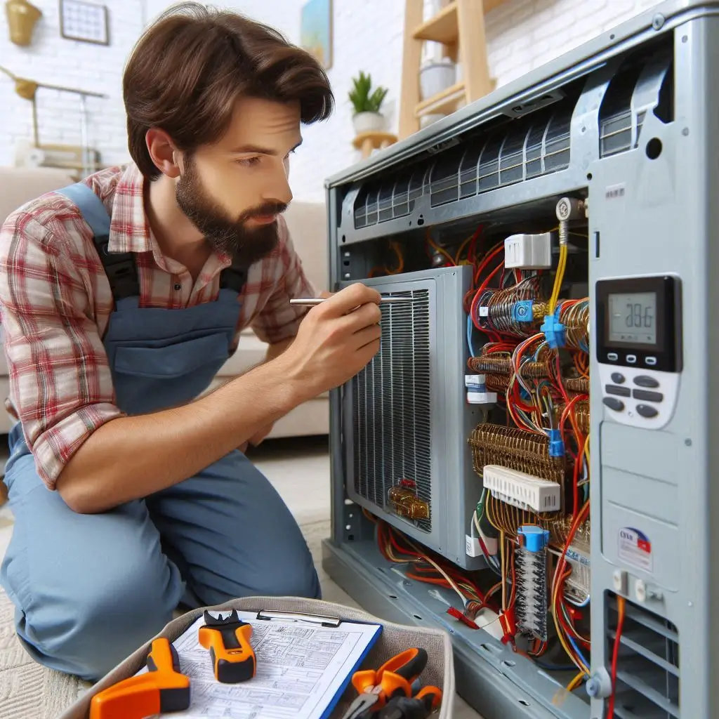 "A technician servicing an air conditioning unit, carefully inspecting and repairing a well-known brand's system in a residential or commercial setting."