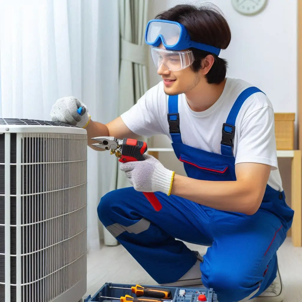 "A certified HVAC technician repairing a residential air conditioning unit with professional tools."