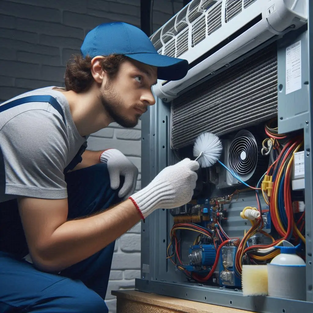 "A technician performing routine maintenance on an air conditioner, cleaning coils and checking components to ensure longevity and efficient operation."