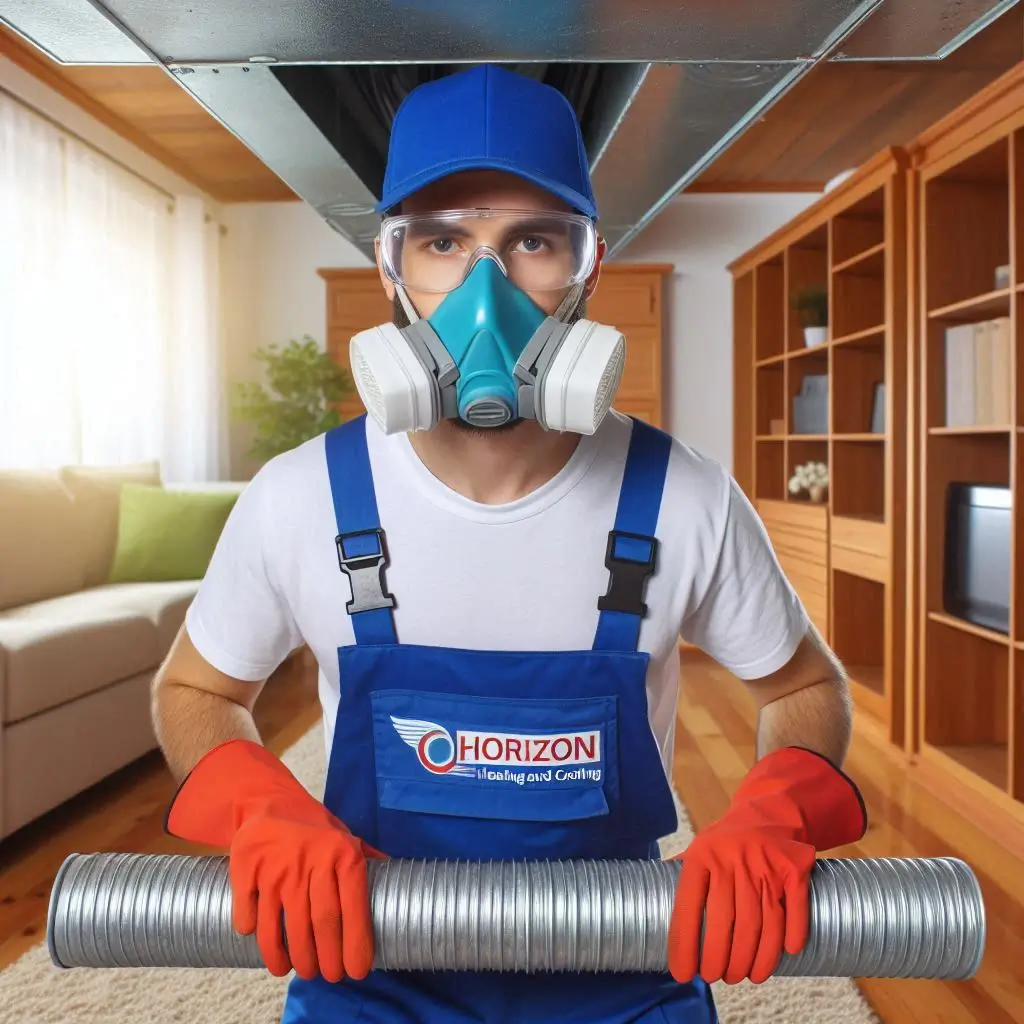"A technician from Horizon Heating and Cooling cleaning air ducts at a residential property, emphasizing the importance of duct cleaning for improved HVAC efficiency."