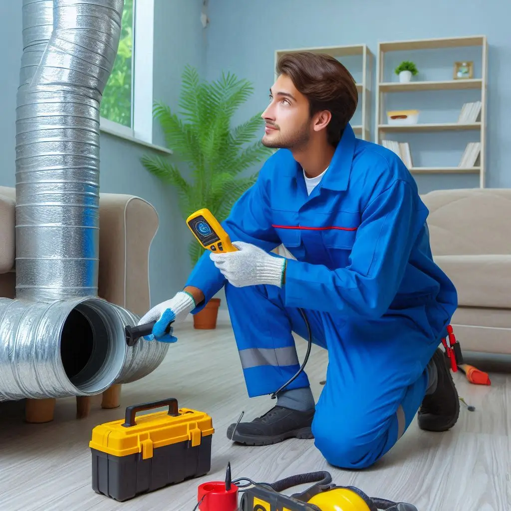 "A technician inspecting air ducts for leaks, using a duct leak detection tool to find areas where air may be escaping."