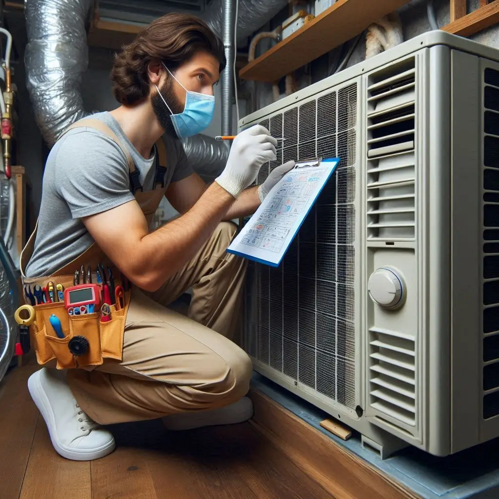 "An HVAC technician inspecting an air conditioner to ensure optimal performance and prevent breakdowns during a professional AC tune-up."