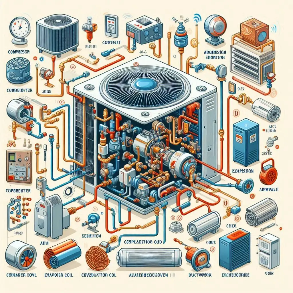A diagram showing all the key components of a central AC system, including the compressor, condenser coil, evaporator coil, expansion valve, air handler, ductwork, and thermostat.