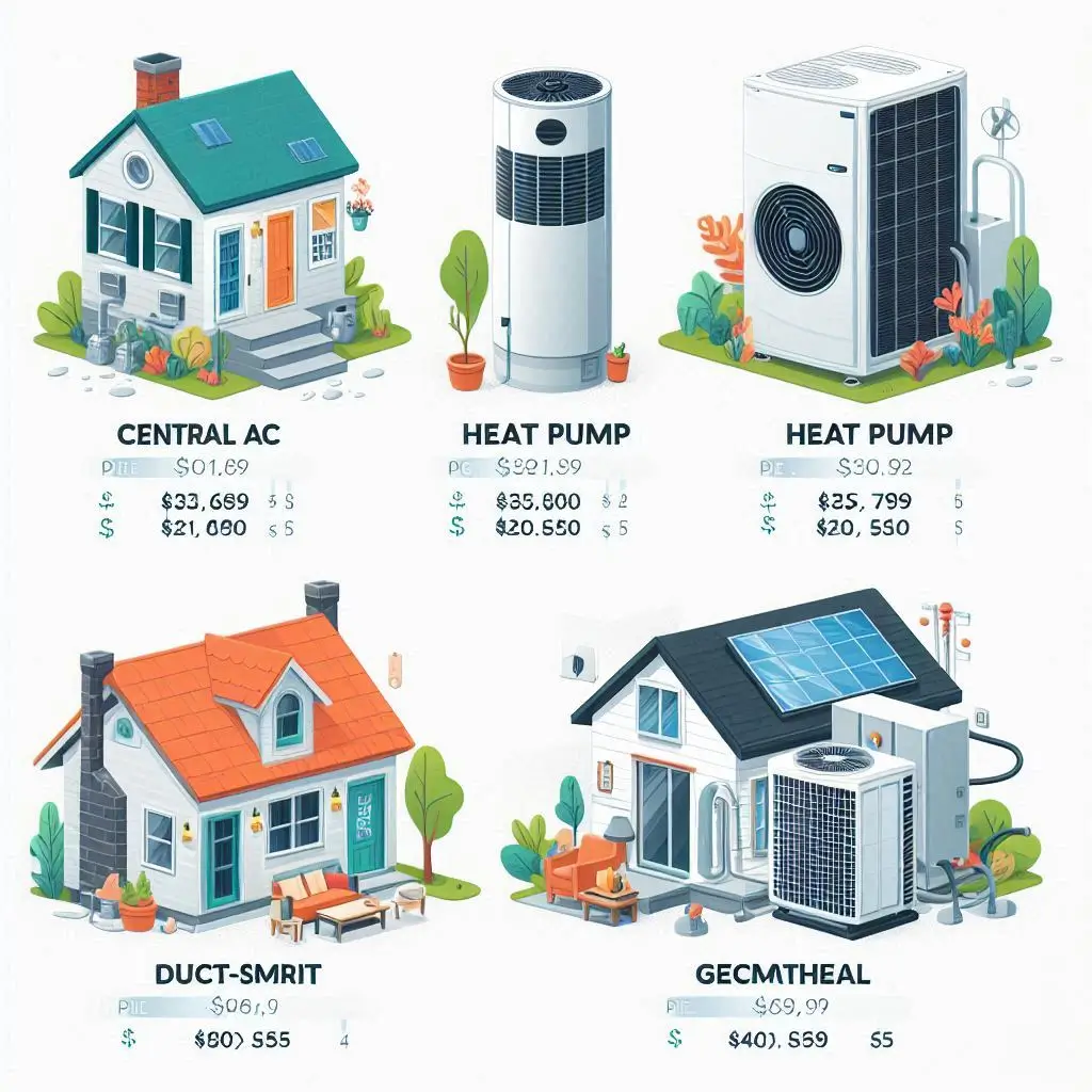 Image comparing different types of HVAC systems (central AC, heat pump, ductless mini-split, geothermal), showing their price ranges and key features.