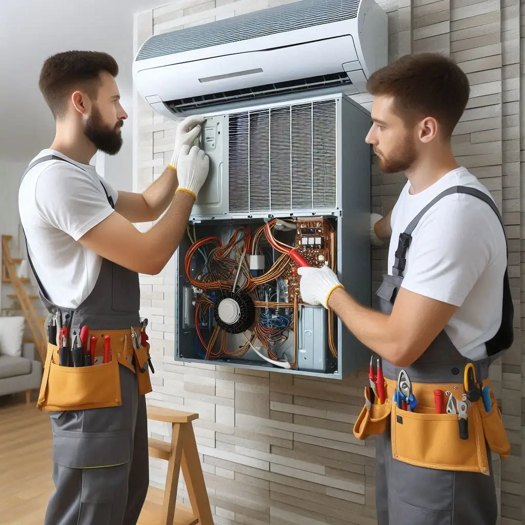 "An HVAC technician installing a brand new air conditioning system in a modern home, showcasing the installation process and the system’s components."