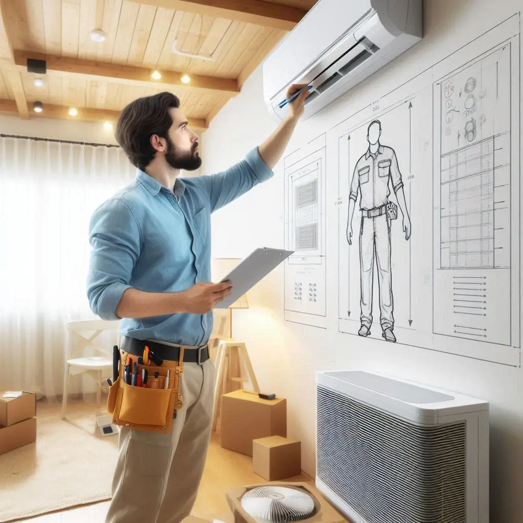 A technician evaluating the site for air conditioner installation, checking room size, airflow, and available space for the new AC unit.