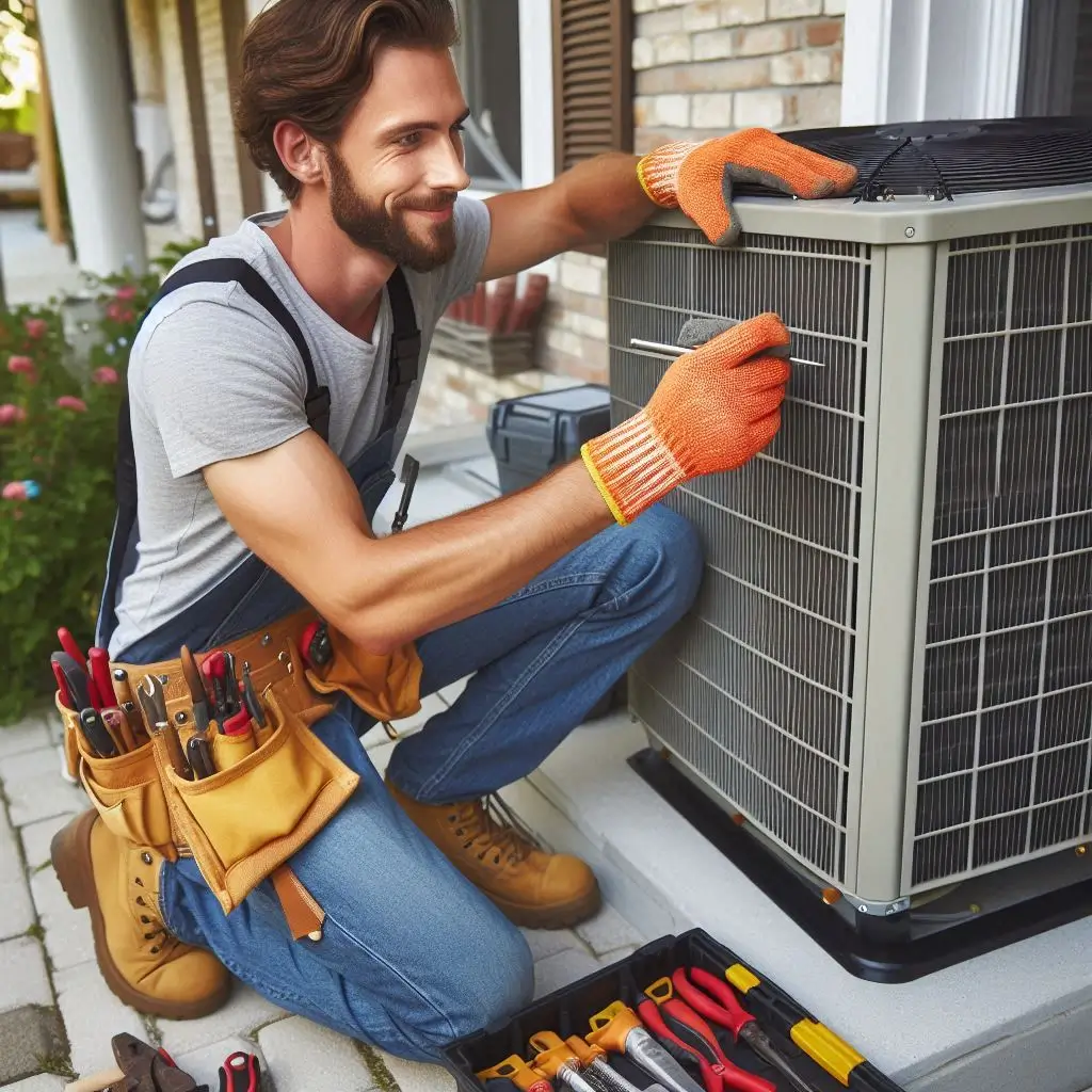 HVAC technicians installing a new unit outside a home, using tools and safety gear.