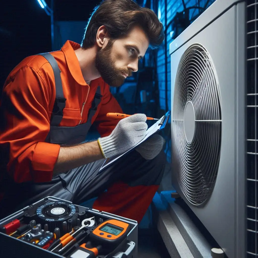 A professional HVAC technician diagnosing an AC unit at night with repair tools in hand.