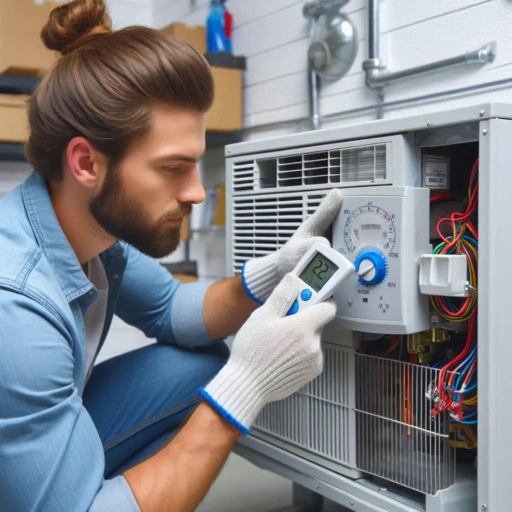 "An HVAC professional calibrating a thermostat to ensure accurate temperature regulation and energy efficiency during an air conditioner tune-up."