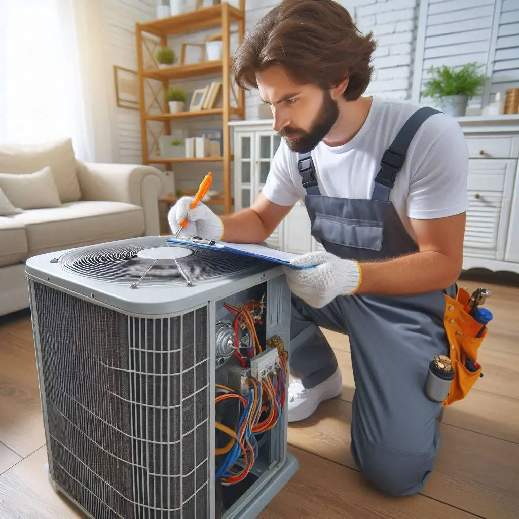 "A professional HVAC technician performing a detailed inspection and maintenance check of an air conditioning unit inside a residential home."