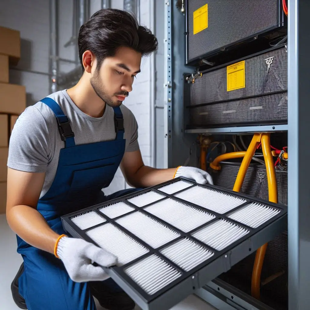 "Technician replacing an air filter in an ARS air conditioning system to improve air quality during a routine maintenance check."