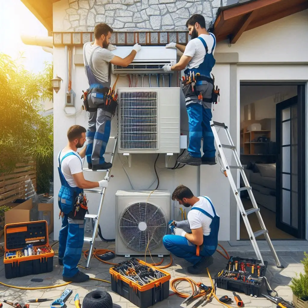 A team of HVAC professionals installing a modern air conditioning unit outside a home, with tools and equipment in use.]