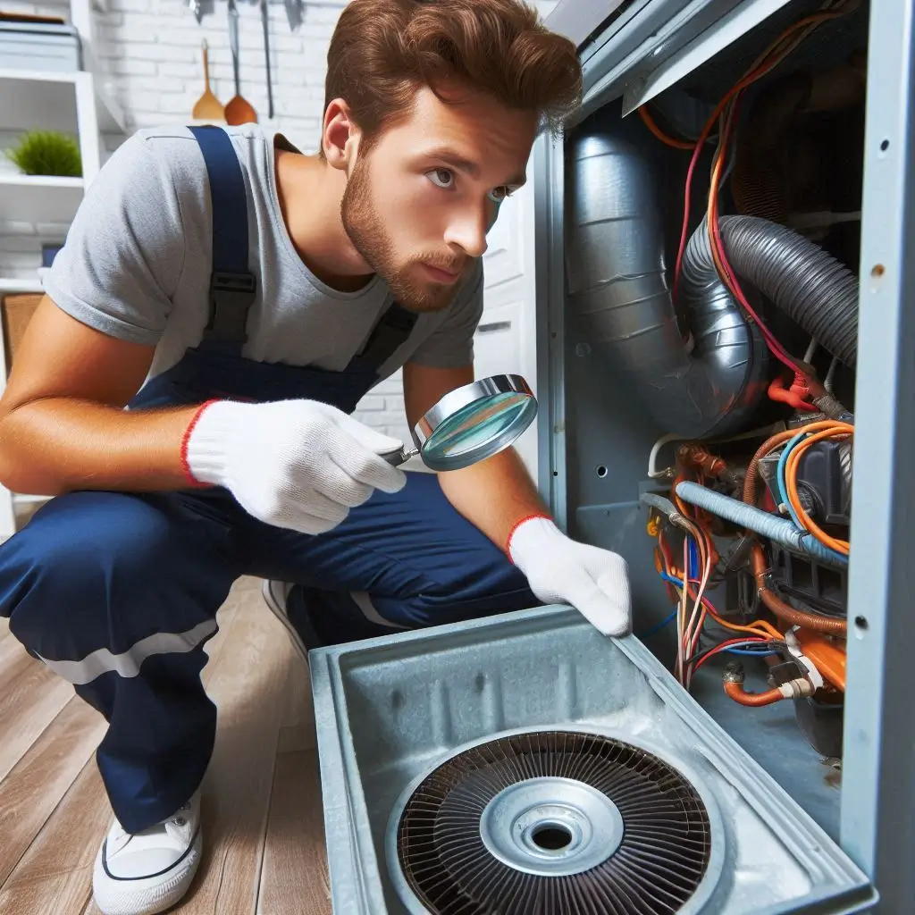 "An HVAC professional examining the AC drain pan and evaluating airflow during a tune-up to prevent clogs and ensure efficient cooling."