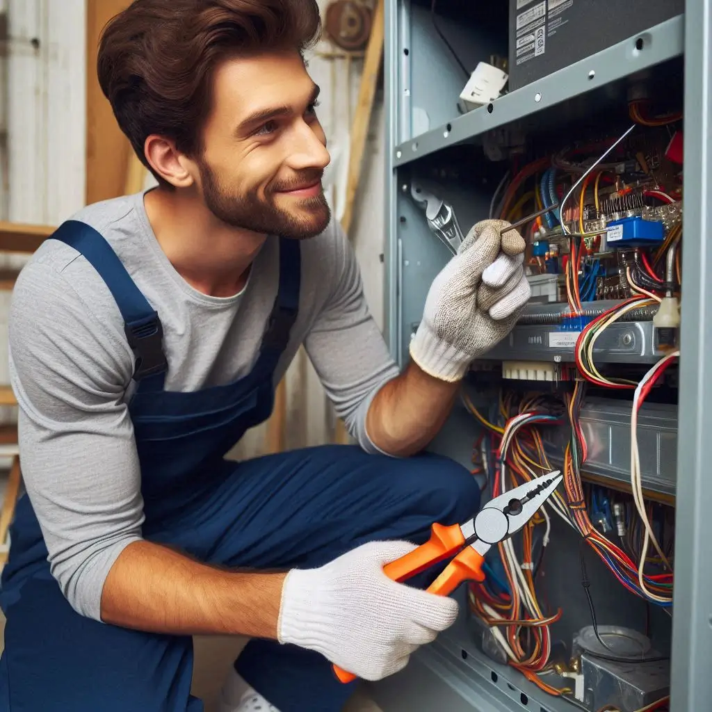 A professional HVAC technician performing an annual maintenance check on a furnace, using tools to inspect components.