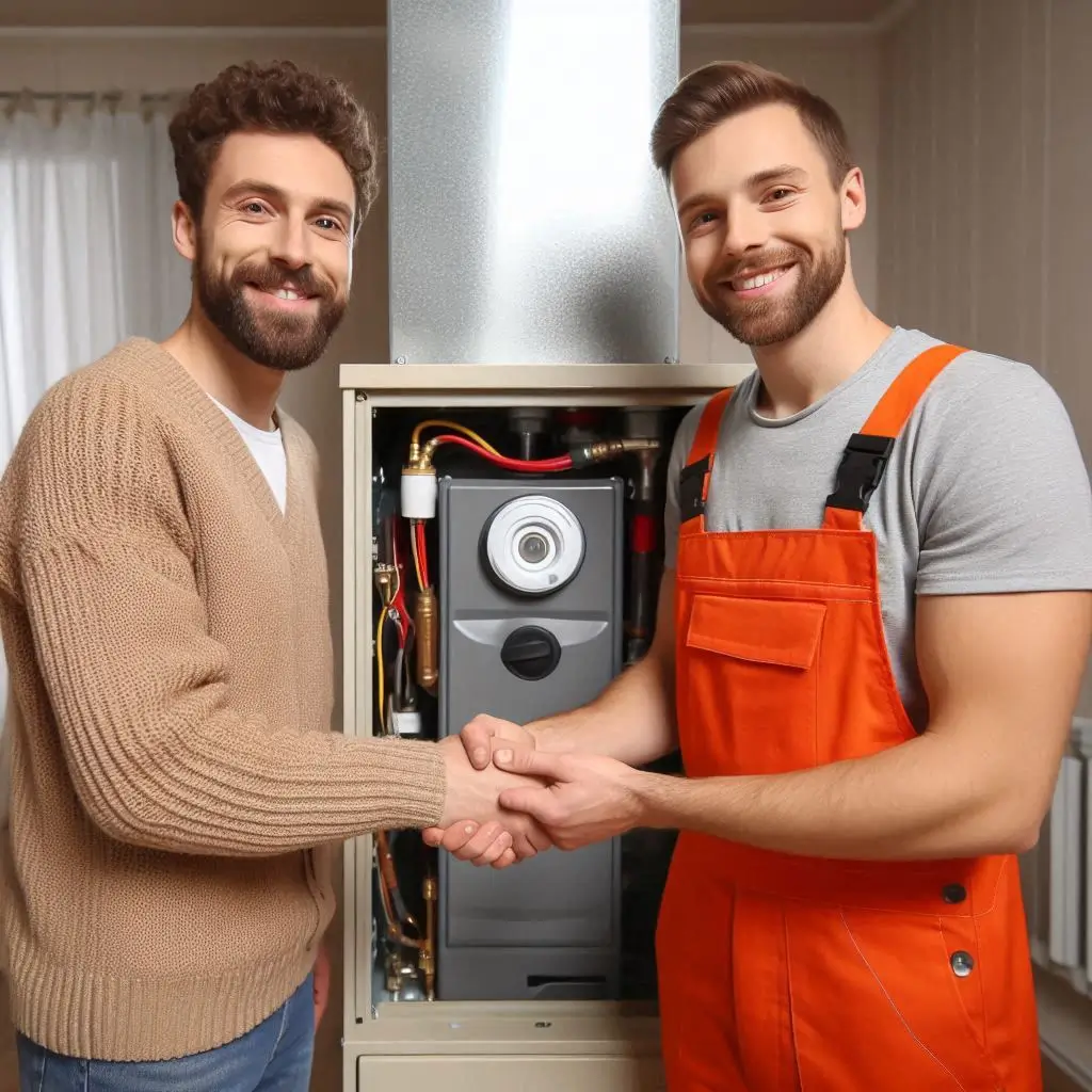 A homeowner shaking hands with an HVAC technician in front of a newly installed furnace, looking satisfied and warm.]