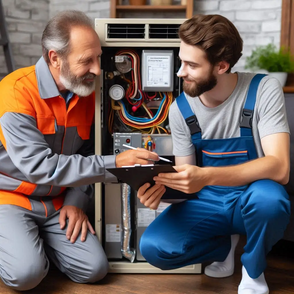 An HVAC technician inspecting a furnace or AC unit inside a home, discussing the service details with the homeowner.]