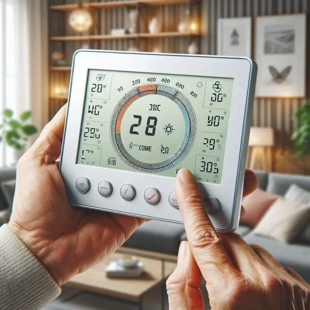 "A digital thermostat showing optimal temperature settings for a balanced indoor environment, demonstrating the ease of controlling comfort heating and cooling."